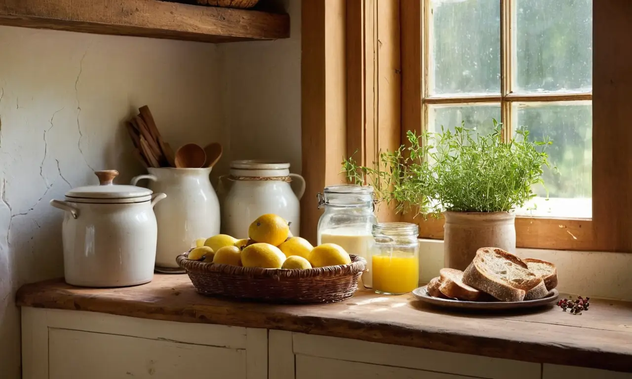 Cocina rústica con pan y especias frescas
