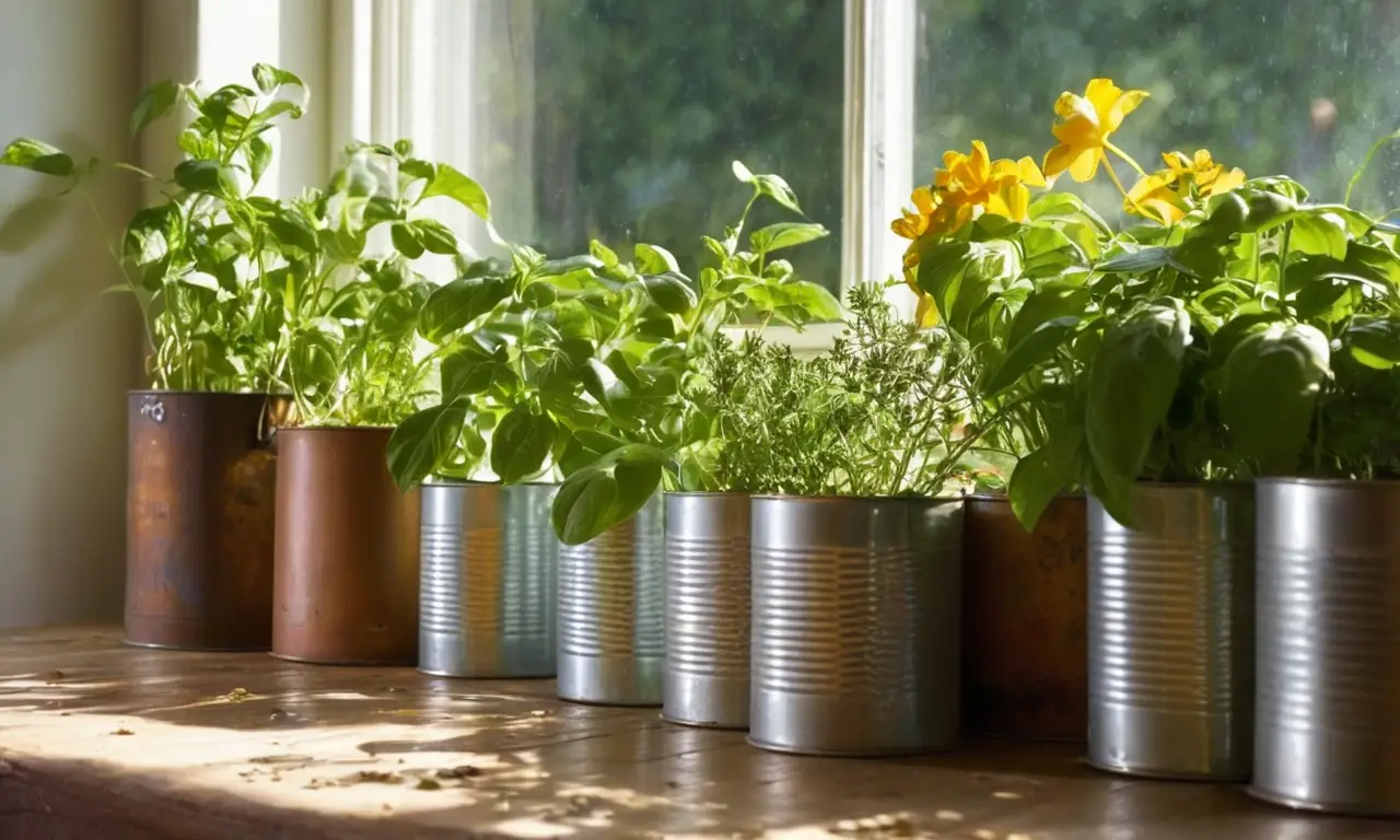 Mesa rústica con plantas en latas coloridas