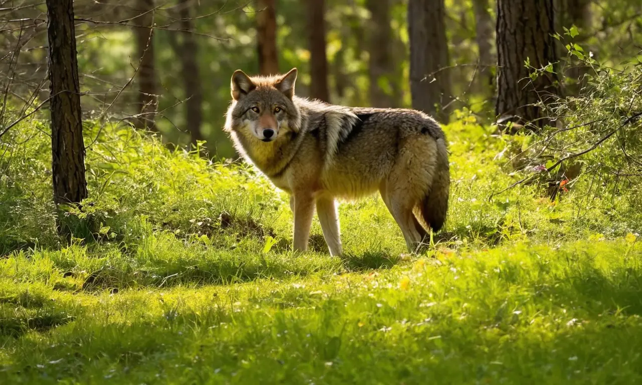 Lobo y coyote coexisten en un claro