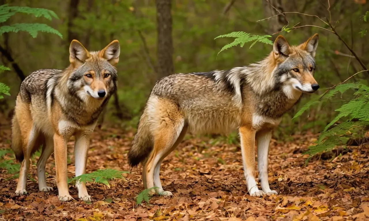 Coyote y lobo acechan en un bosque