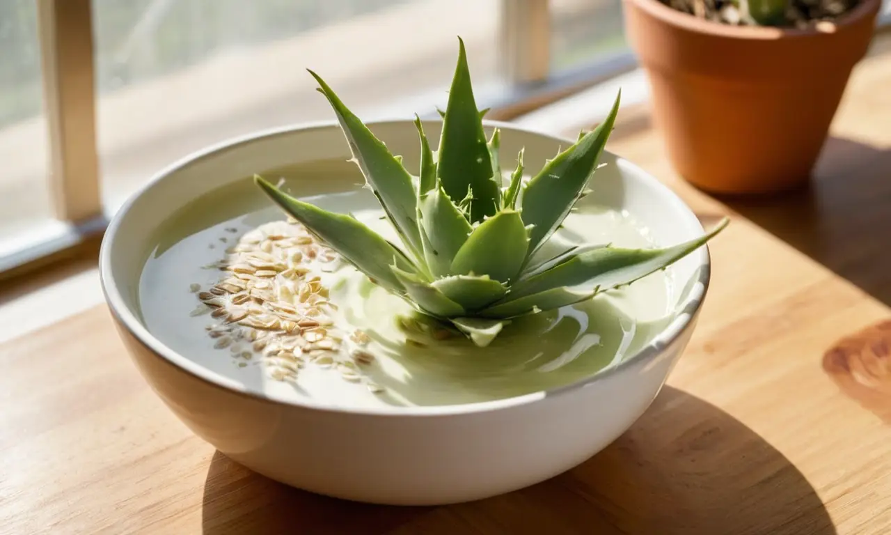 Bowl blanco con mezcla cremosa y aloe