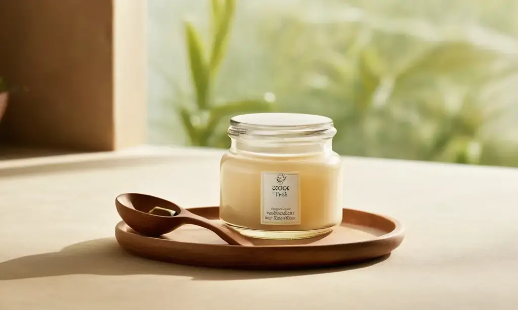 Frasco cremoso rodeado de ingredientes naturales