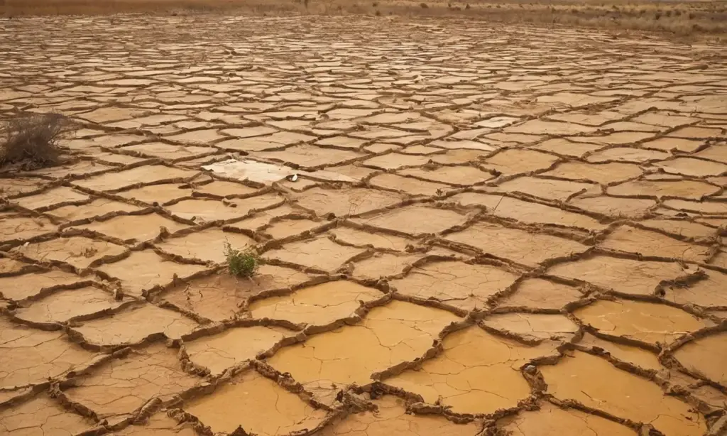 Paisaje árido con personas preocupadas y esperanzadas