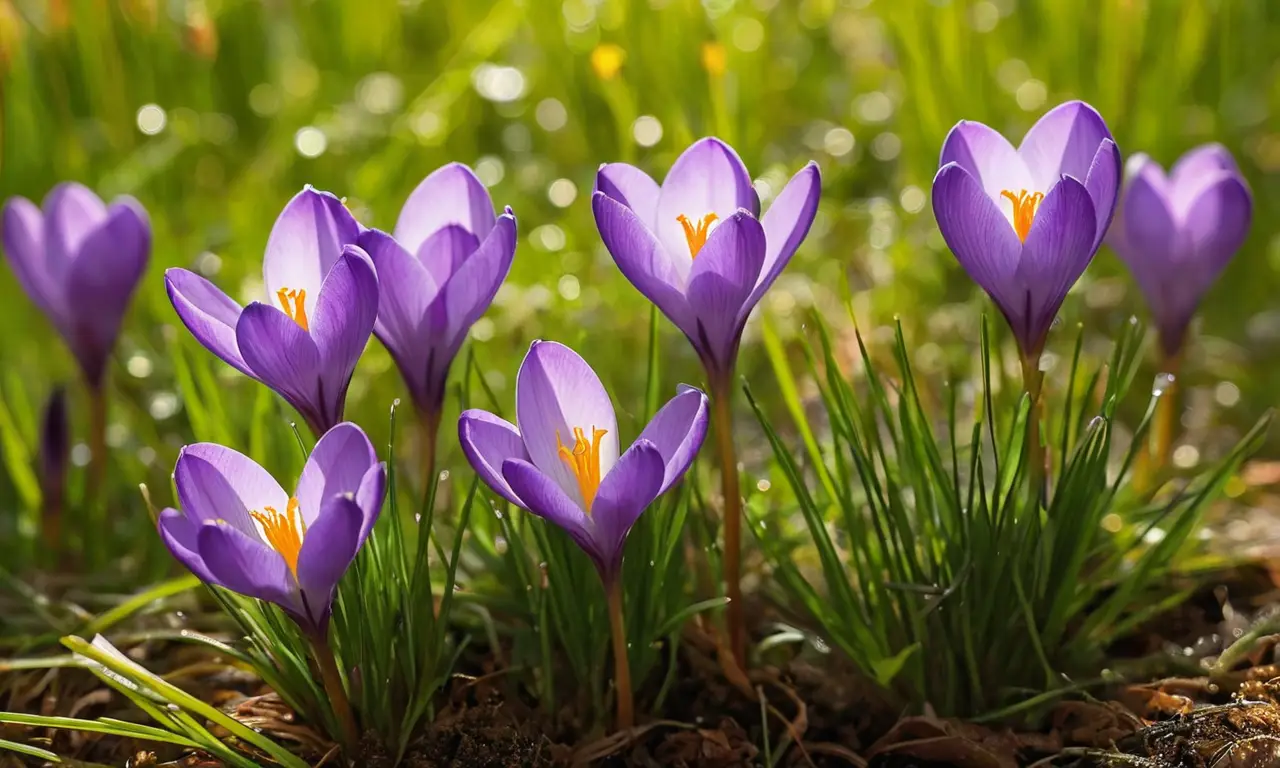Crocus morados florecen en un jardín sereno