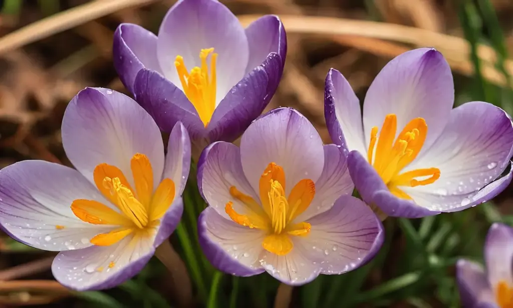 Crocus morados florecen en luz de primavera