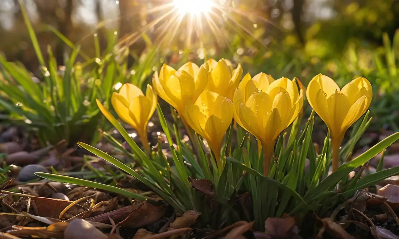 Cálidos crocus púrpuras brillan suavemente al amanecer