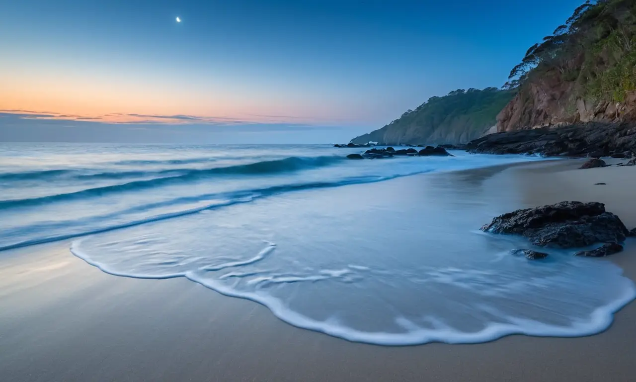 Noche serena junto al mar iluminada