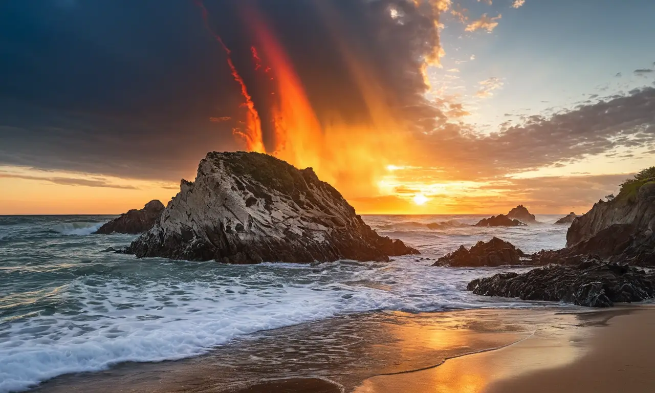 Olas enormes y tormenta inminente en la costa