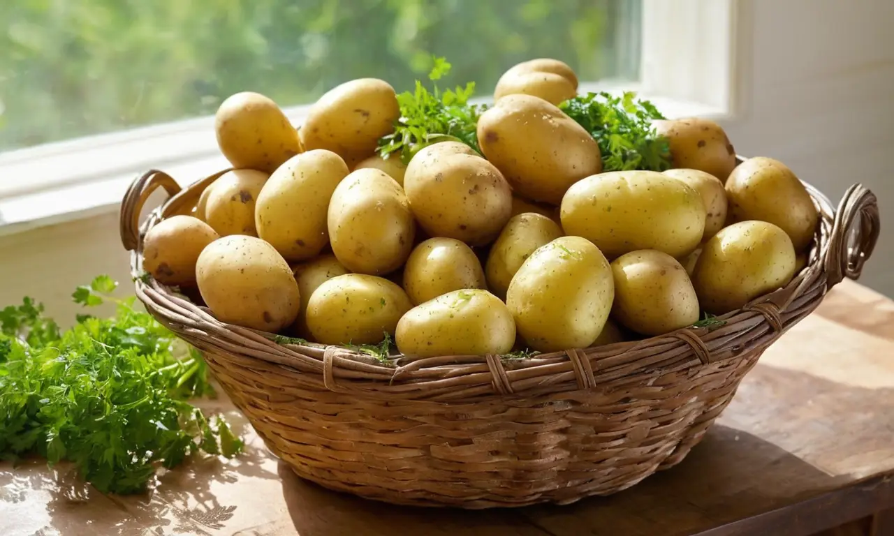 Cesta de papas Kennebec rodeada de perejil