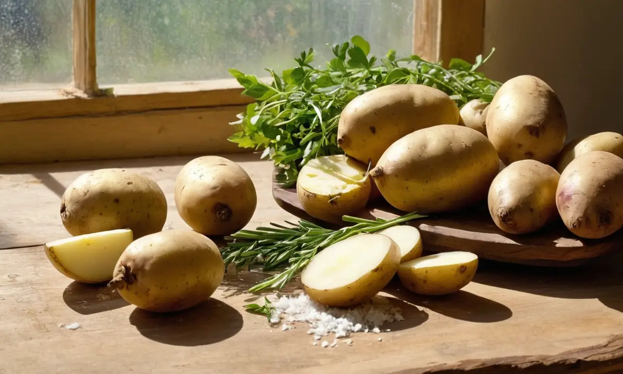 Mesa rústica con papas y hierbas frescas