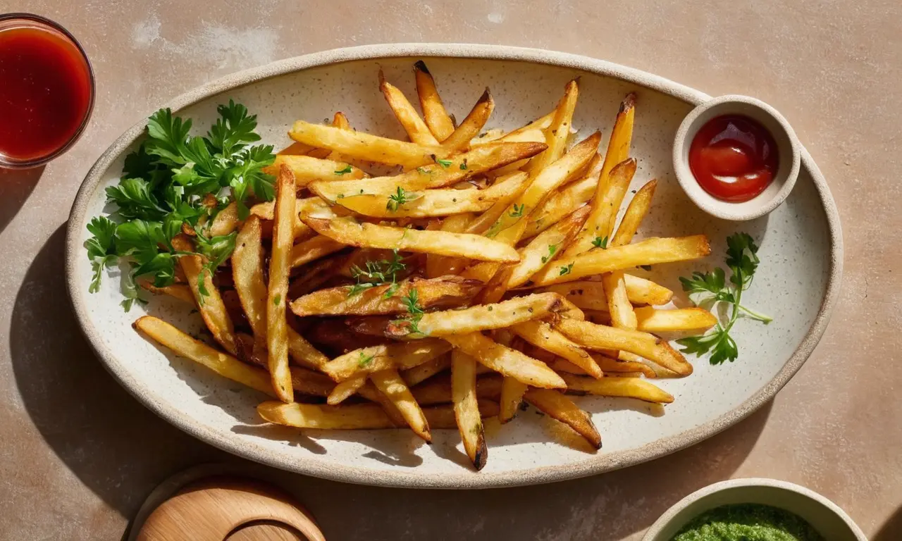 Papas fritas crujientes con salsa de ketchup