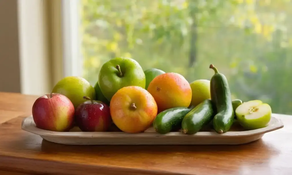 Mesa de madera con frutas frescas y colores