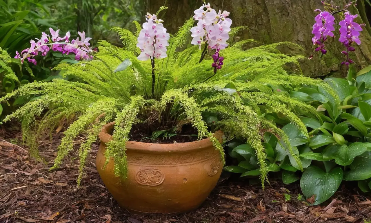 Jardín soleado con flores y árboles vivos
