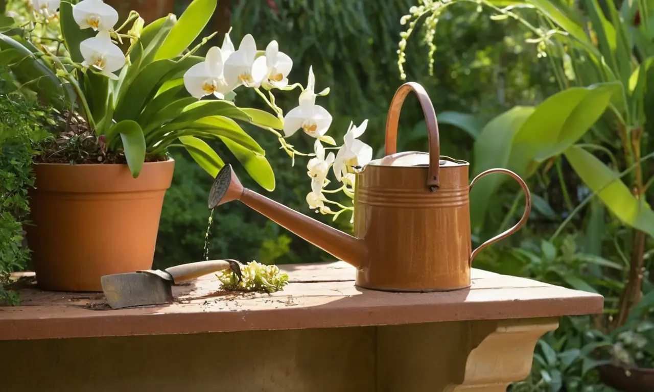 Bancada de jardinería con orquídeas y herramientas