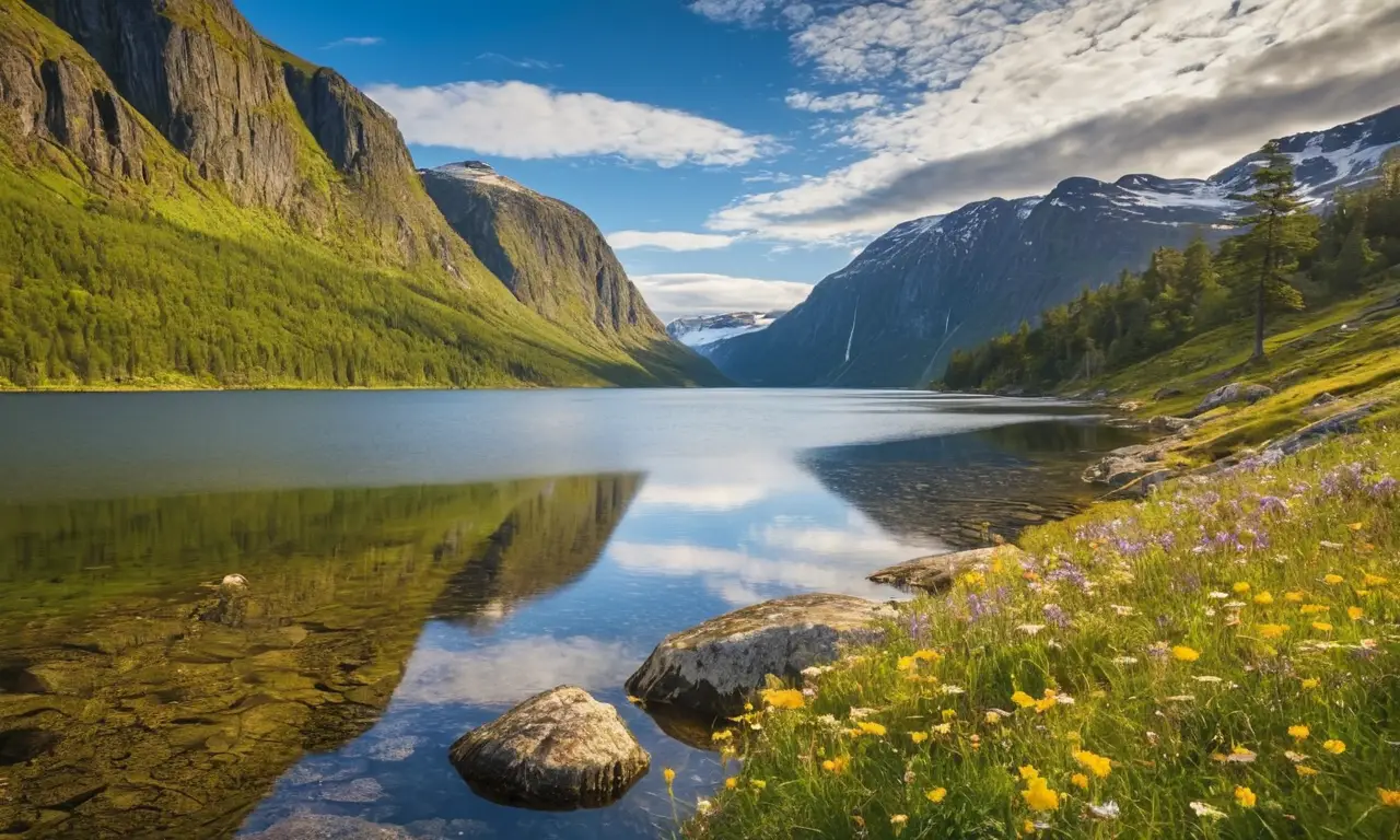 Fjord sereno con montañas y flores vibrantes