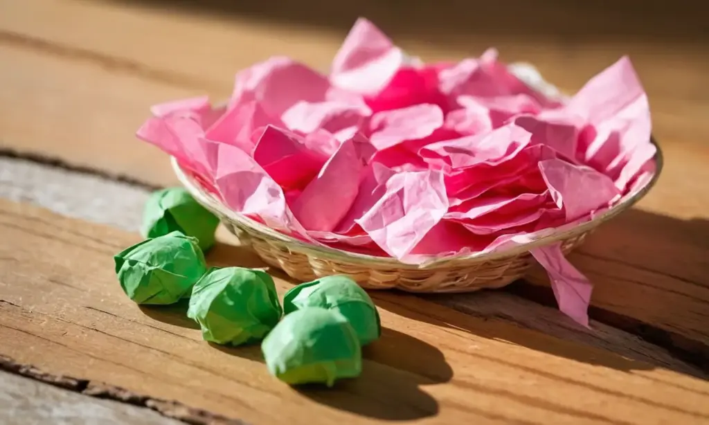 Chicles coloridos sobre mesa de madera