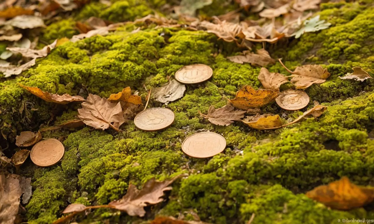 Tuberías corroídas rodeadas de hojas y monedas