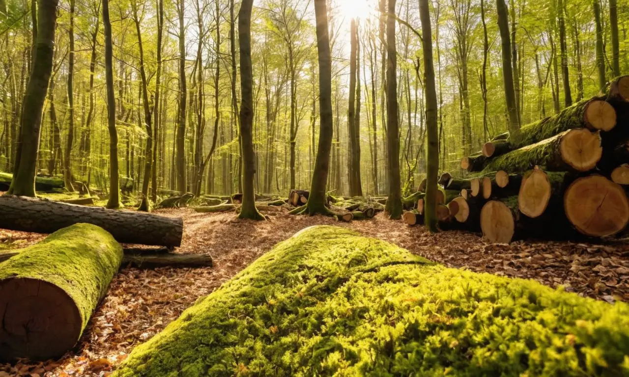 Bosque soleado con madera y maquinaria industrial