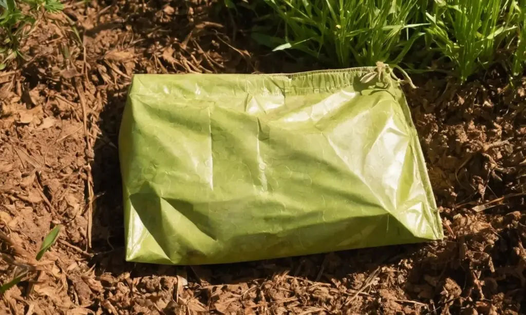 Bolsa biodegradable en suelo natural tranquilo
