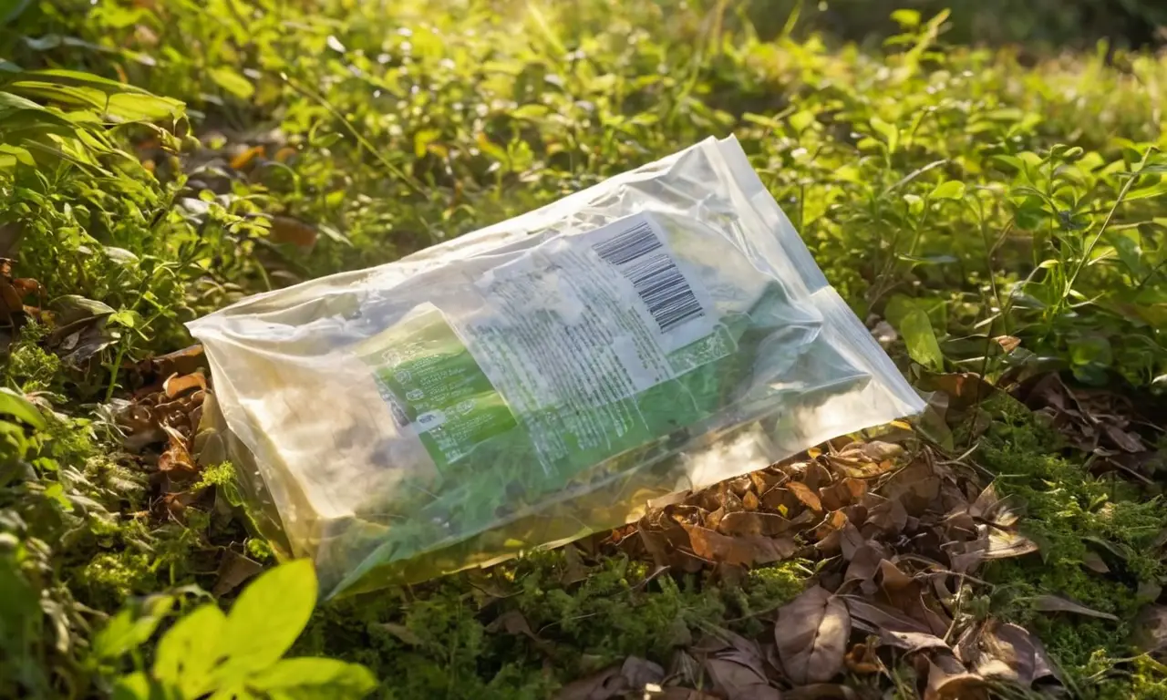 Bolsa biodegradable en el suelo del bosque