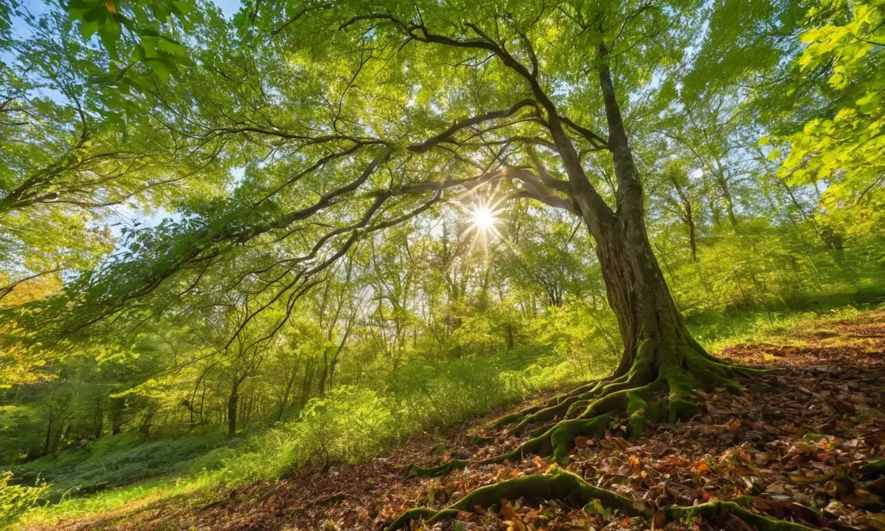 Árbol robusto, hojas verdes, paisaje sereno