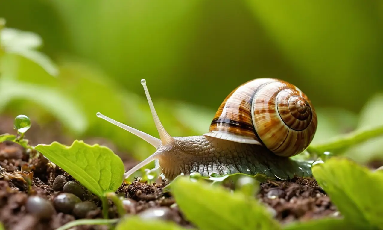 Caracol en un jardín con agua brillante