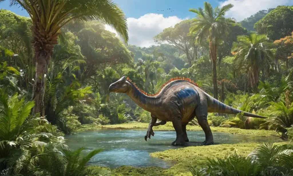 Un paisaje prehistórico con dinosaurios y vegetación