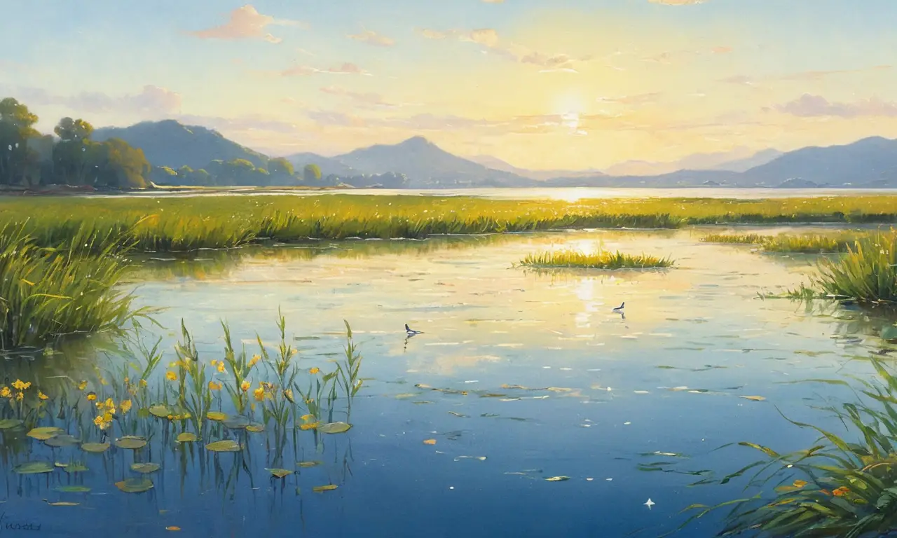Escena serena de agua, luz y naturaleza