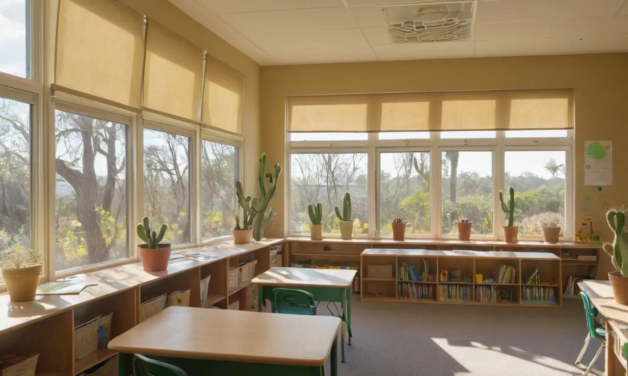 Aula vibrante con estudiantes y naturaleza