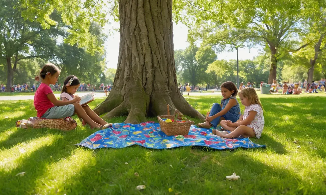 Parque soleado con niños felices reciclando