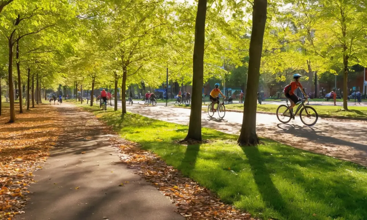 Parque urbano con gente montando bicicletas