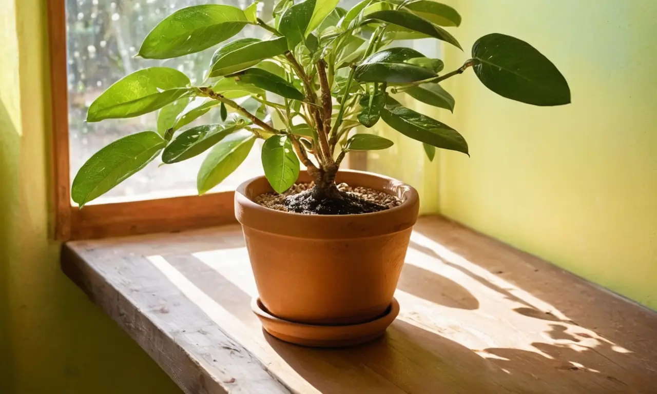 Ambiente soleado con planta vibrante y vida