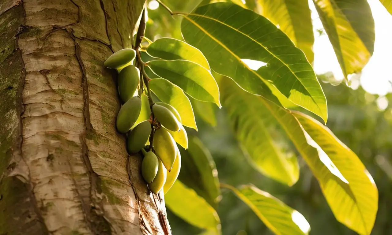 Mangos y hojas verdes bajo luz tropical