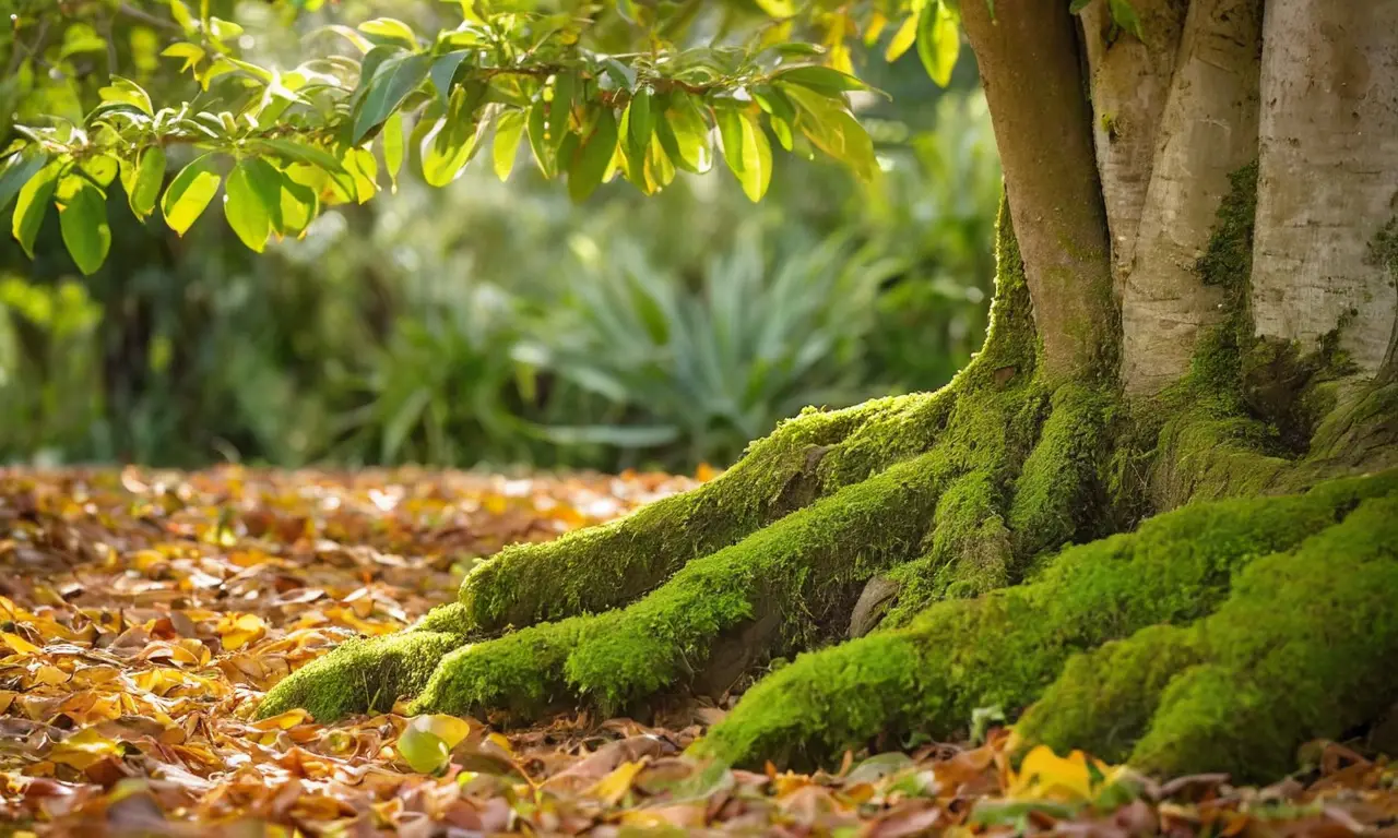 Árbol de mangos, jardinero y naturaleza vibrante