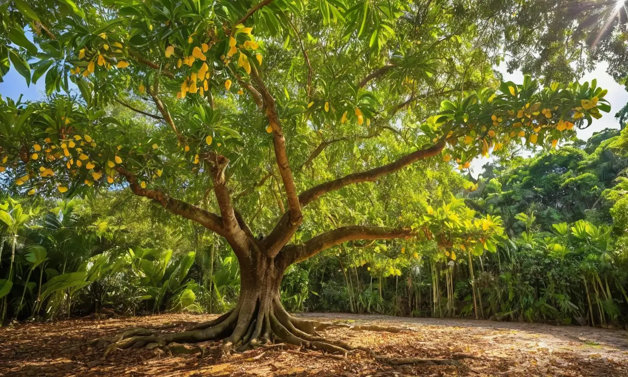 Árbol de mango exuberante con flores y frutas