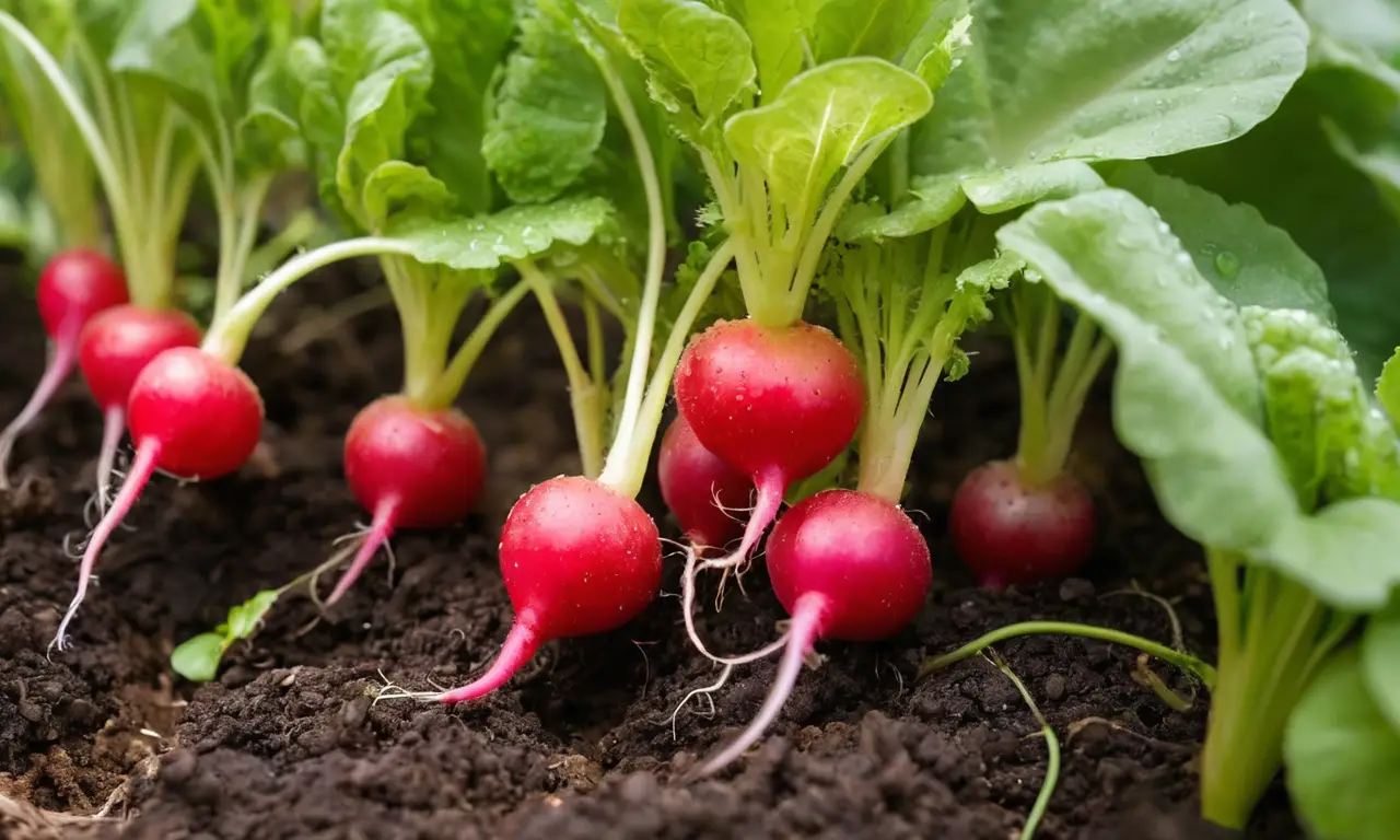 Radishes crecen en un jardín vibrante