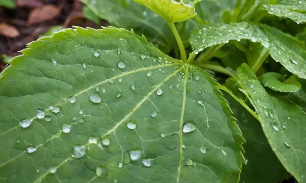 Hoja verde con gotas de rocío brillante