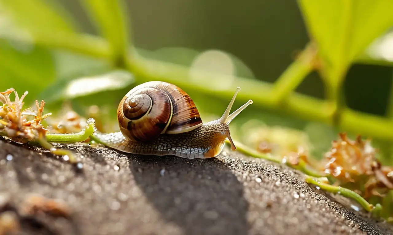 Caracol en jardín con detalles impresionantes