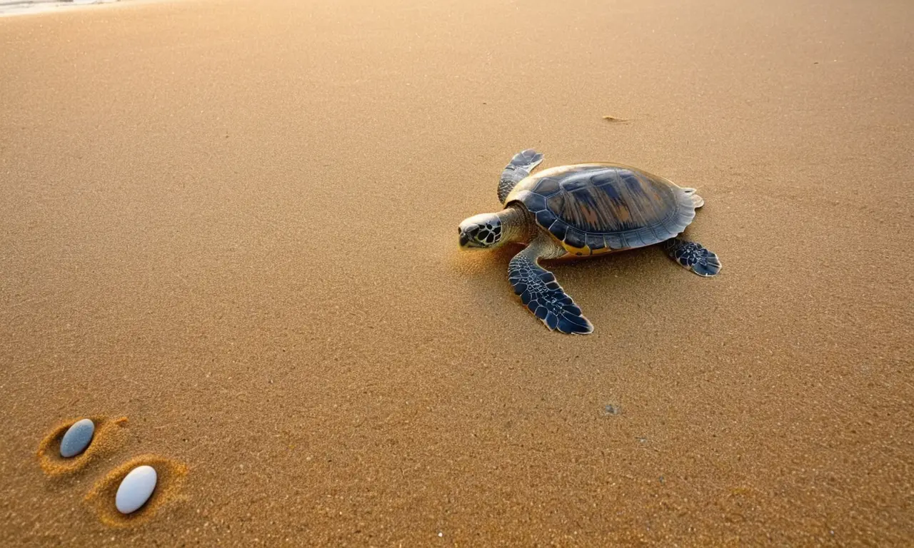 Playa tranquila al atardecer con tortugas