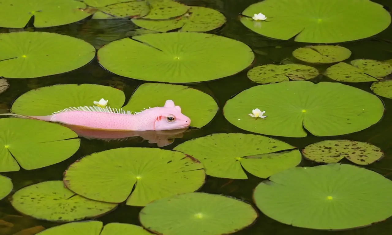 Un sereno lago con un axolotl rosa
