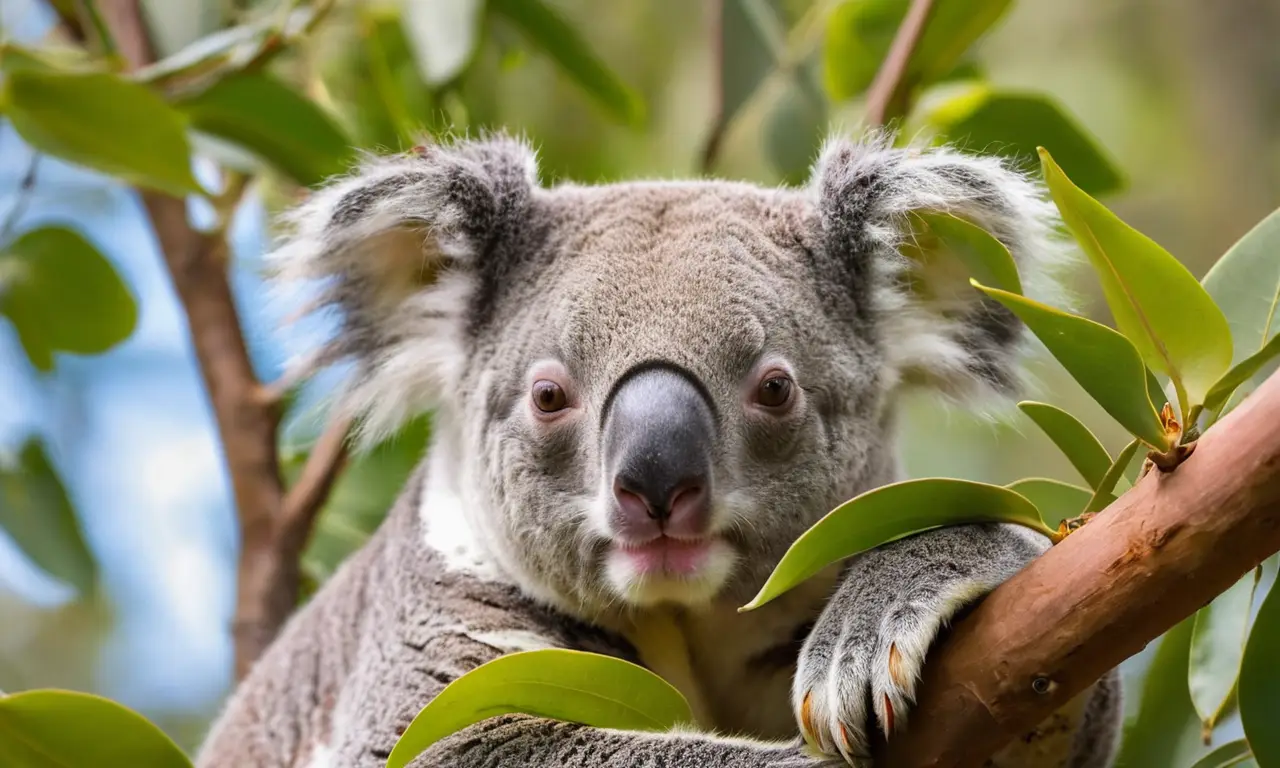 Koala dormido en rama de eucalipto