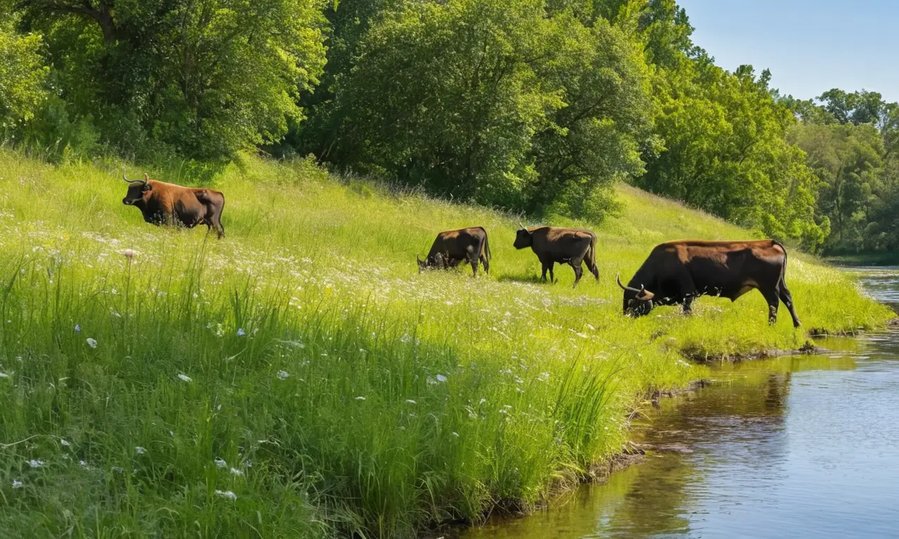 Paisaje sereno con toros y flores silvestres