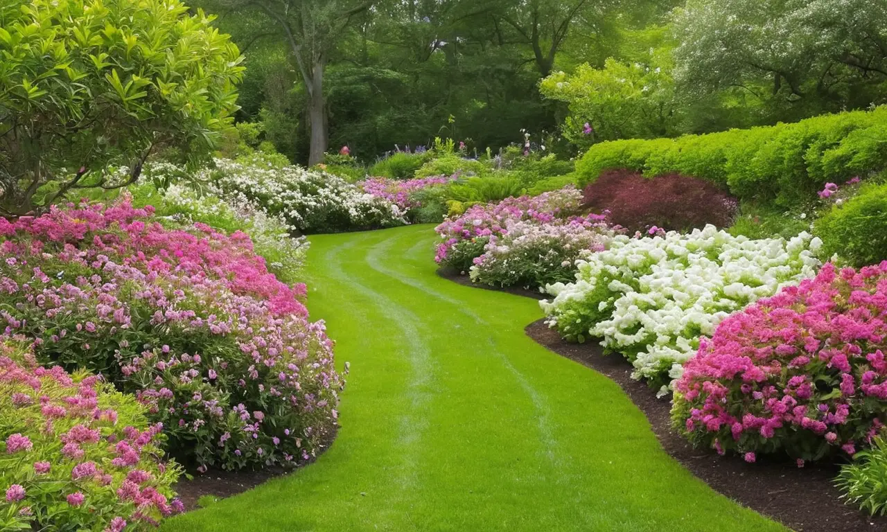 Jardín sereno con arbustos floridos y vida