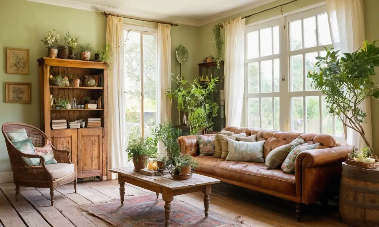 Habitación acogedora con luz cálida y naturaleza