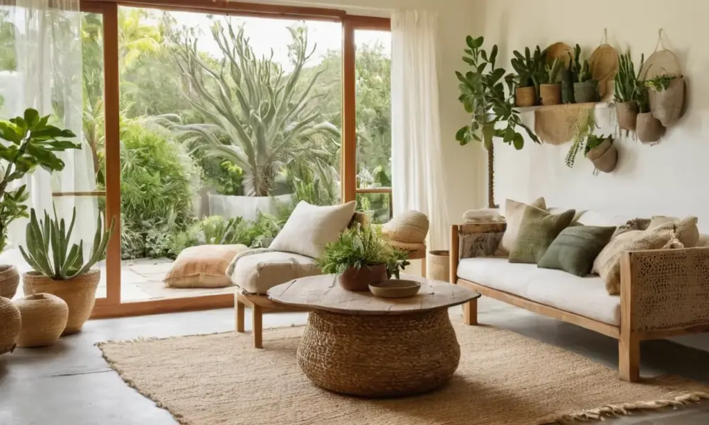 Sala acogedora con tonos naturales y sostenibles