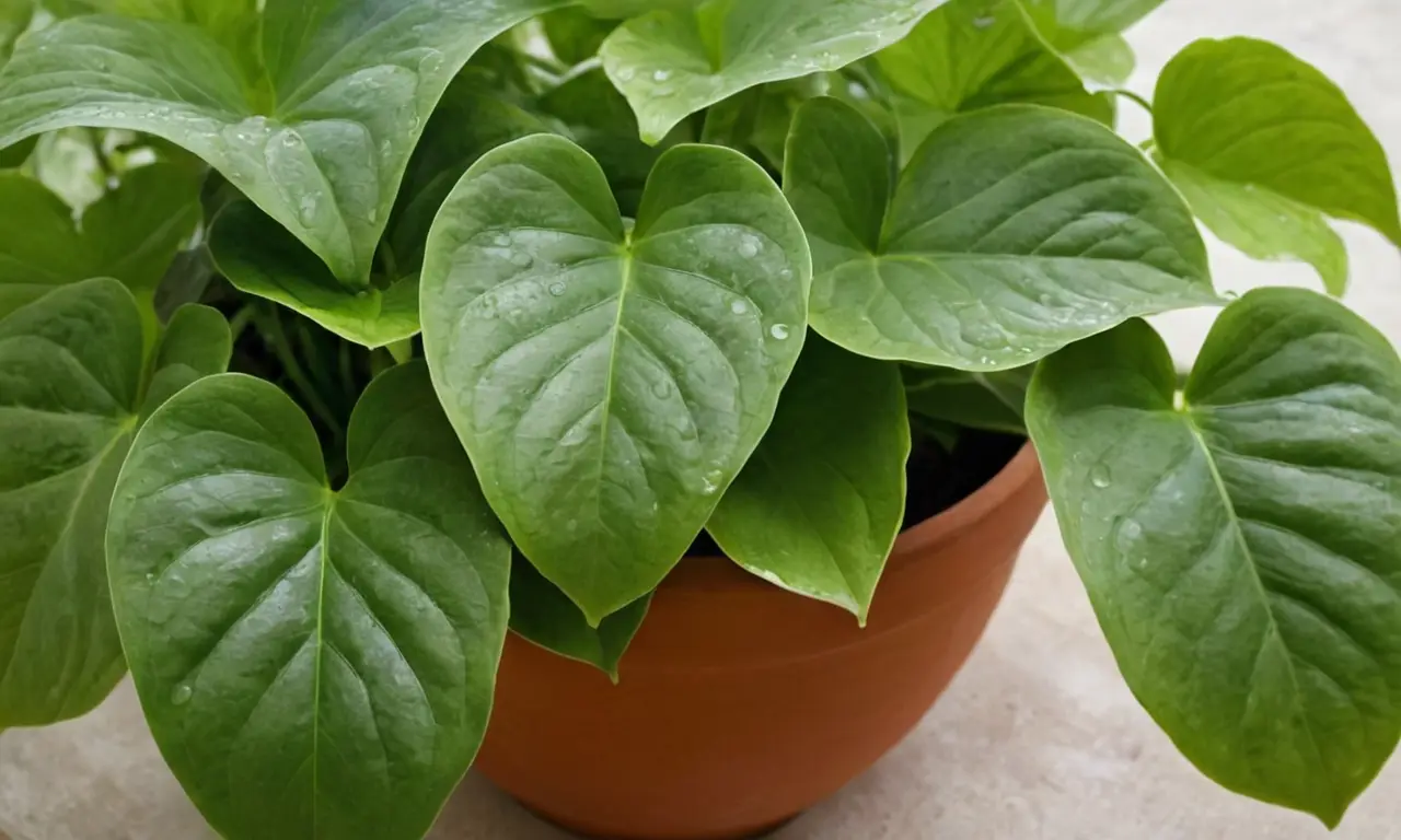 Hoja verde brillante en una maceta terracota