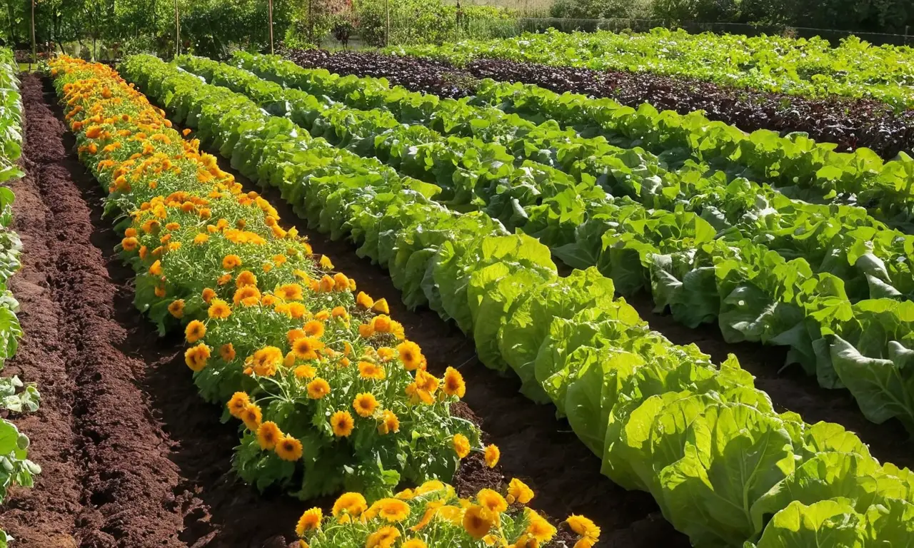 Huerto vibrante lleno de vegetales y luz