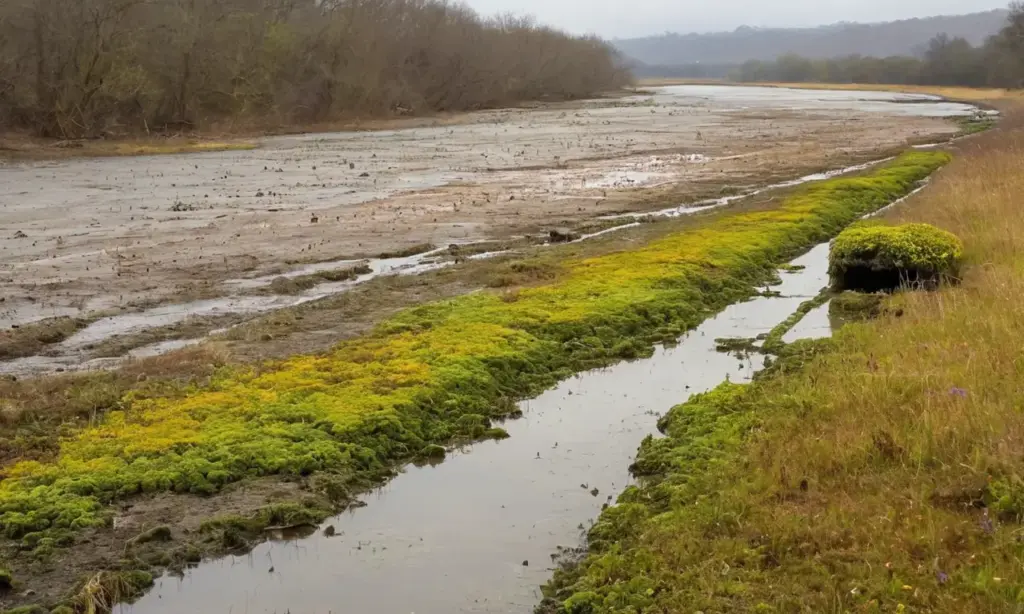 Río contaminado en un paisaje desolador