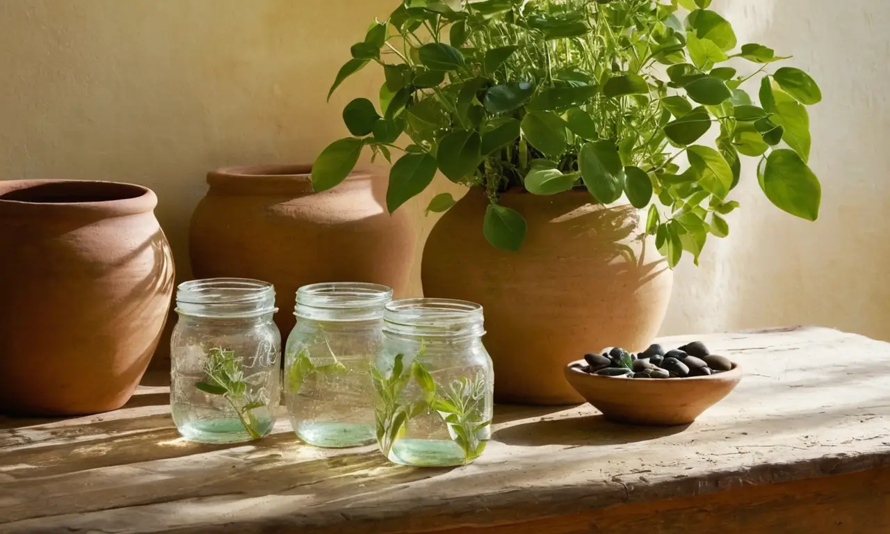 Mesa rústica con agua, sombras y naturaleza