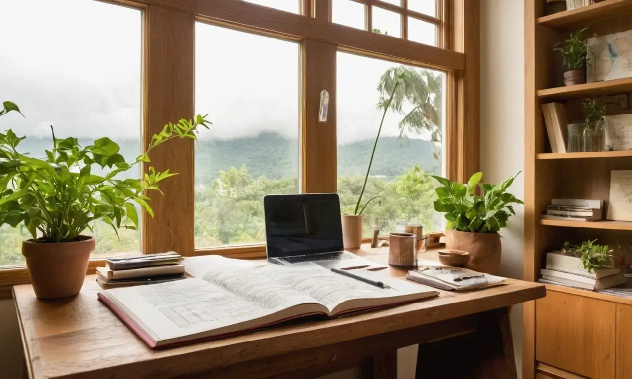 Escritorio organizado con luz natural y libros